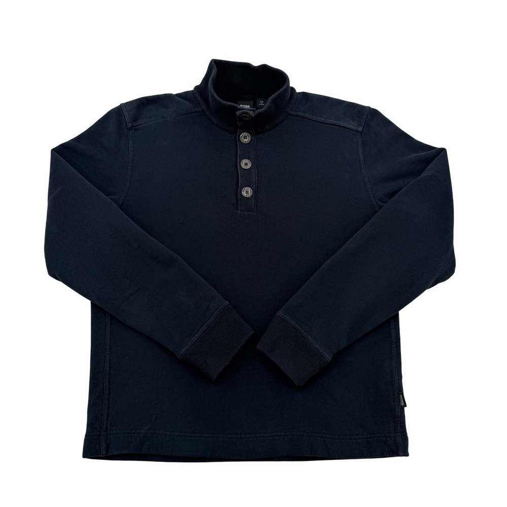 Hugo Boss Regular Fit Black Quarter Button Mock Neck Sweatshirt Mens XL Preppy